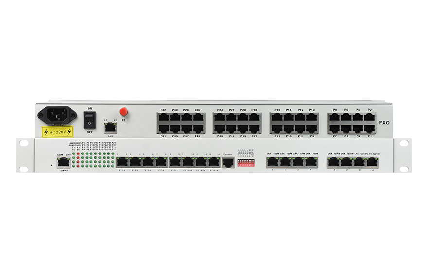 飛暢科技-32路電話+16E1+4FE+4GE+2路數據+SNMP+console（19英寸，物理隔離）電話光端機